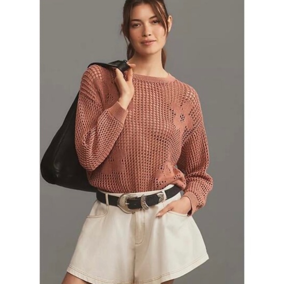 Pilcro Sweaters - Pilcro/Anthopologie Coral Open Weave Sweater with Flowers Oversized M. NWT